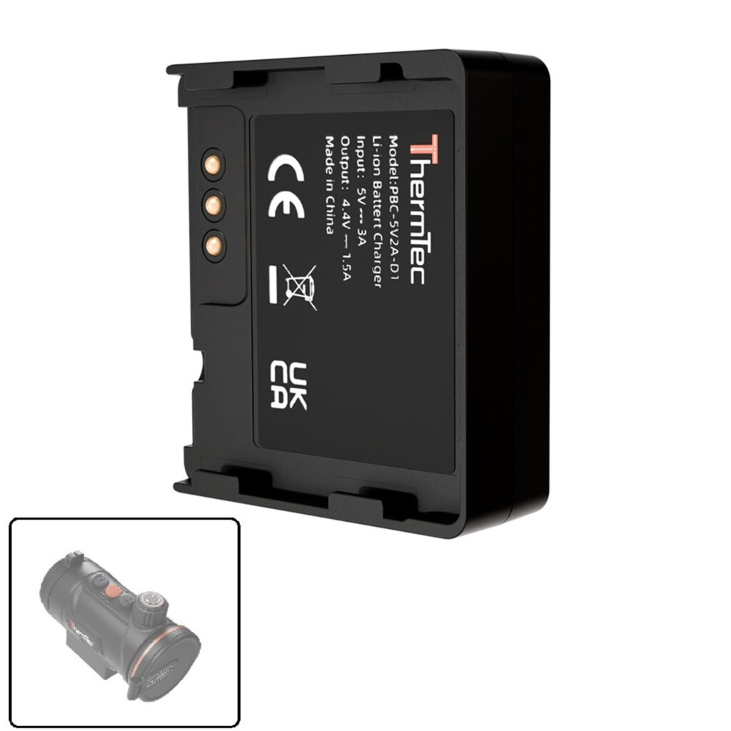 ThermTec Oplader achteraanzicht van de laadunit met productlabel en contactpunten