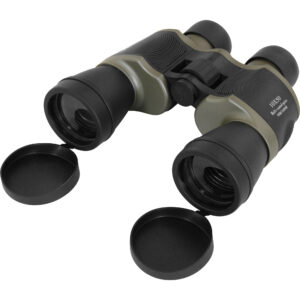 Zoomion Albatross 10x50mm schuin vooraanzicht met losse objectiefdoppen naast de lenzen
