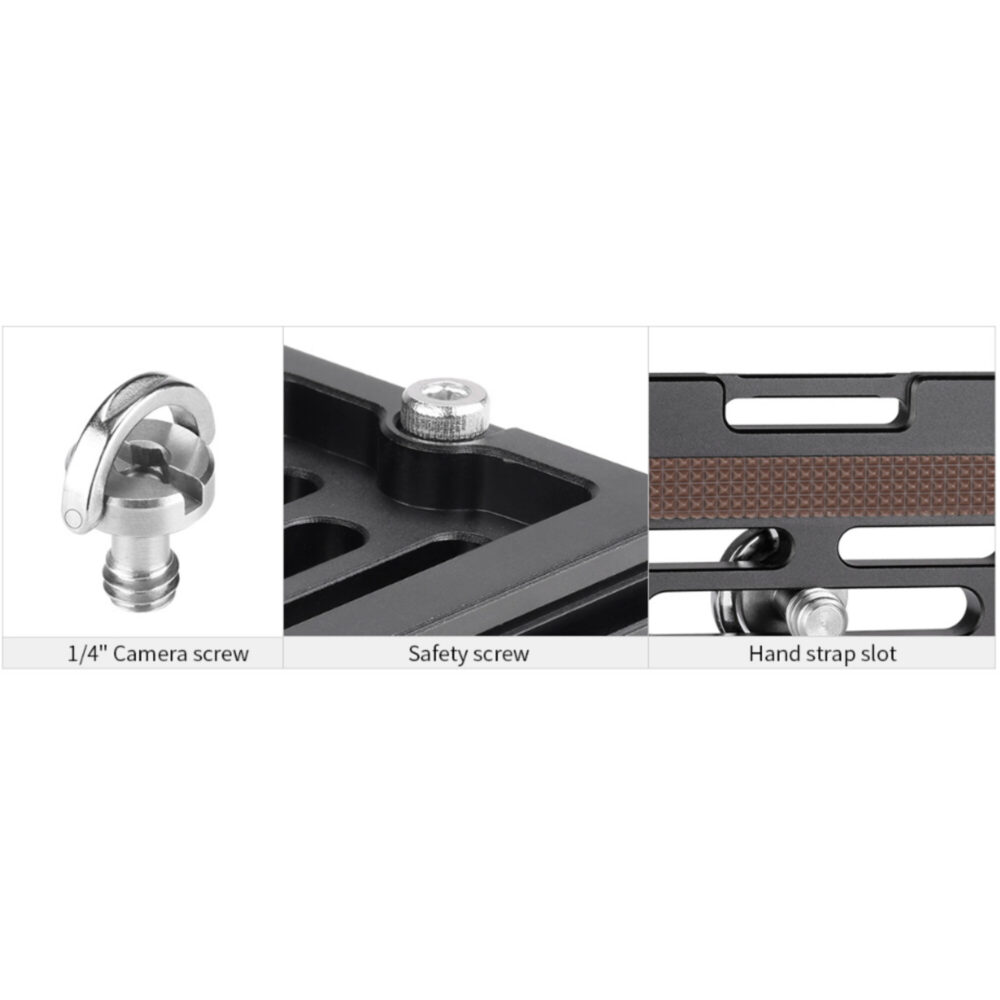 Leofoto NP-50 Snelkoppelingsplaat close-up van 1/4" schroef, veiligheidsschroef en handstrapgleuf