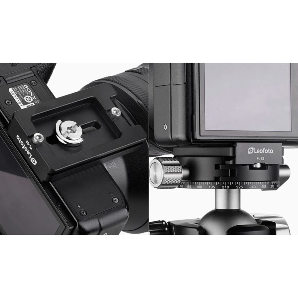 Leofoto PL-62 Snelkoppelingsplaat gemonteerd op camerabody op Arca-Swiss statiefkop
