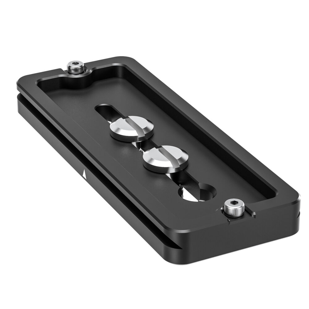 Leofoto PU-100D Snelkoppelingsplaat onderaanzicht met veiligheidsschroeven en Arca-Swiss profiel