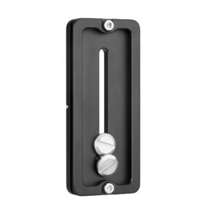 Leofoto PU-90D Snelkoppelingsplaat onderaanzicht met 1/4"- en 3/8"-schroef op lange geleidingssleuf