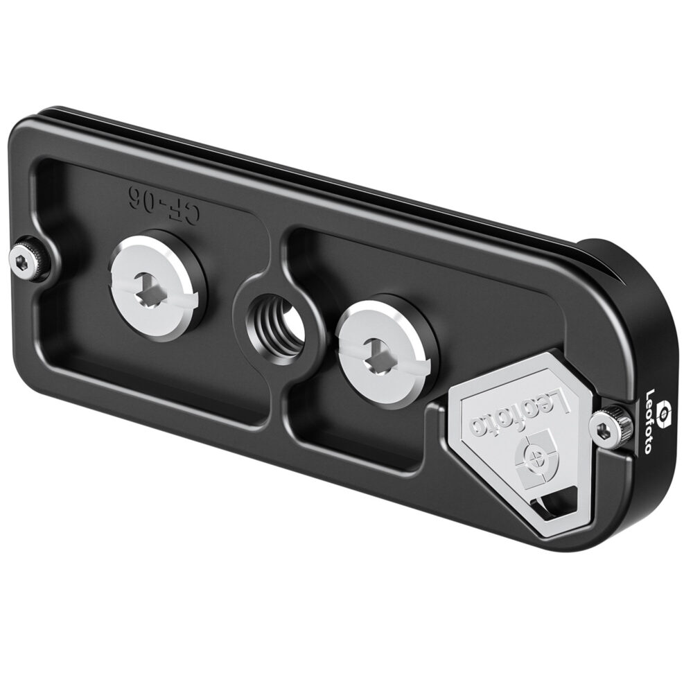 Leofoto CF-06 Snelkoppelingsplaat onderaanzicht met 1/4"- en 3/8"-schroefdraad en gripfunctie