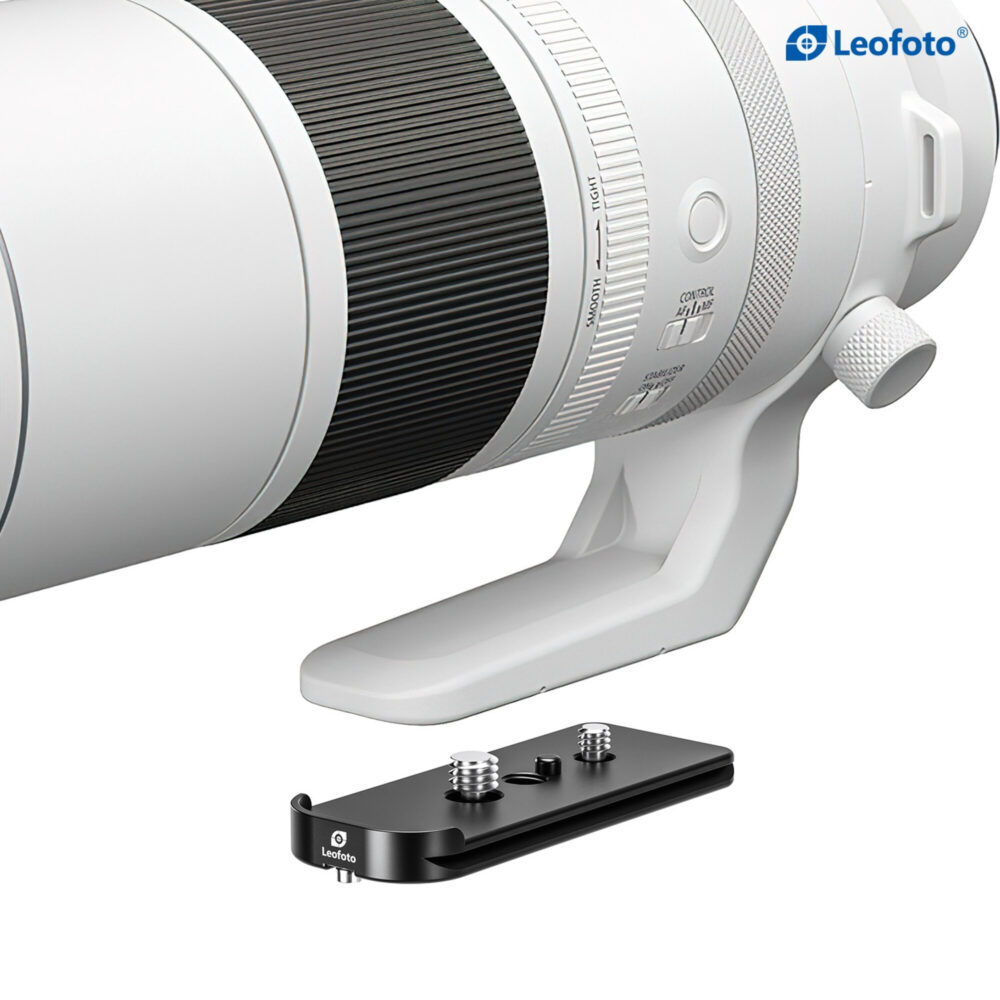 Leofoto CF-06 Snelkoppelingsplaat bevestiging gedemonstreerd onder Canon RF 200-800mm teleobjectief