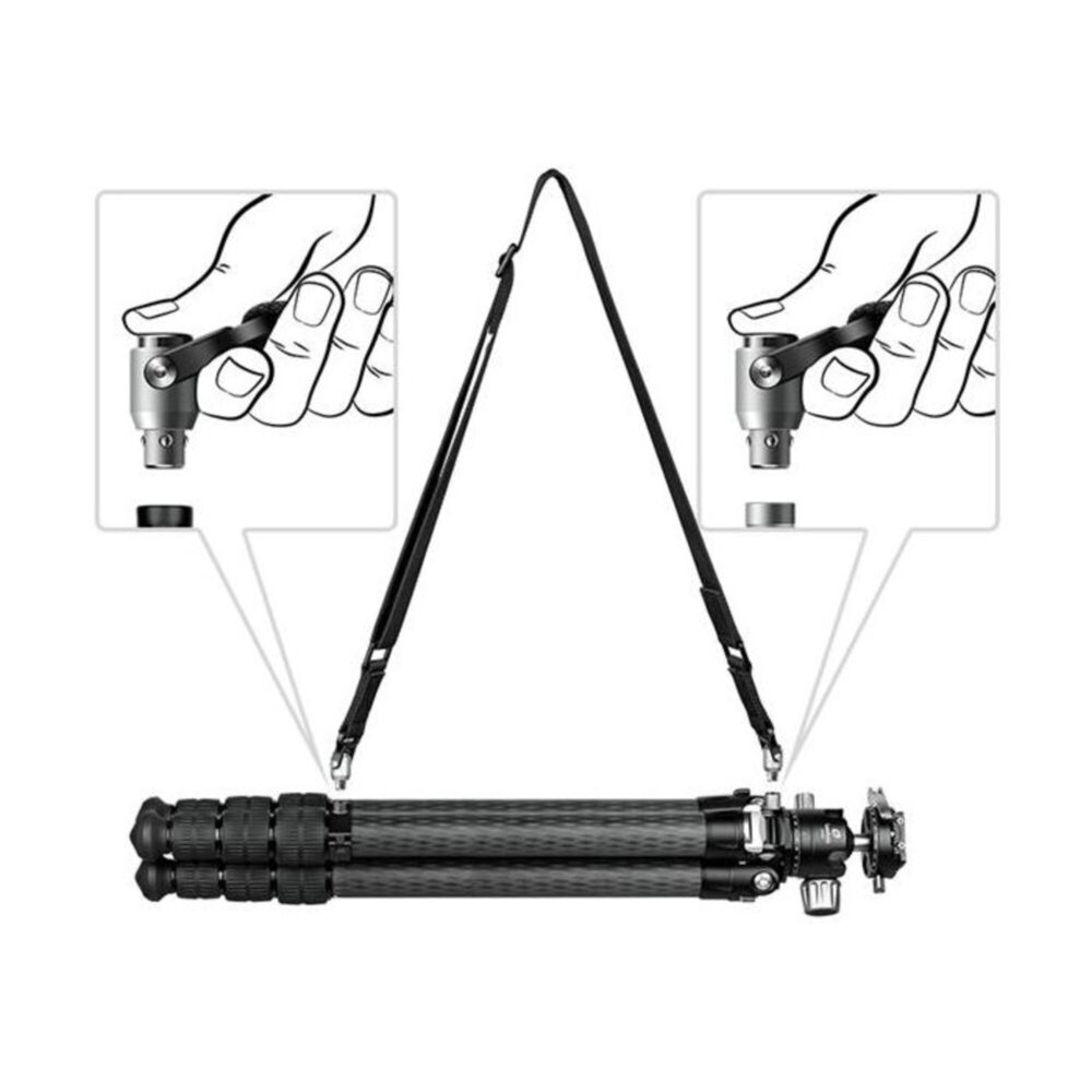 Leofoto QDM-1 QD-Stopcontact in gebruik met Leofoto draagriem bevestigd aan statief