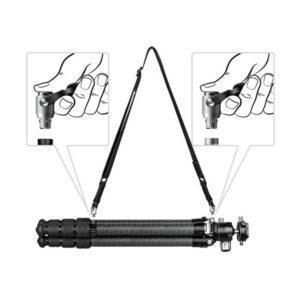 Leofoto QDM-1 QD-Stopcontact in gebruik met Leofoto draagriem bevestigd aan statief