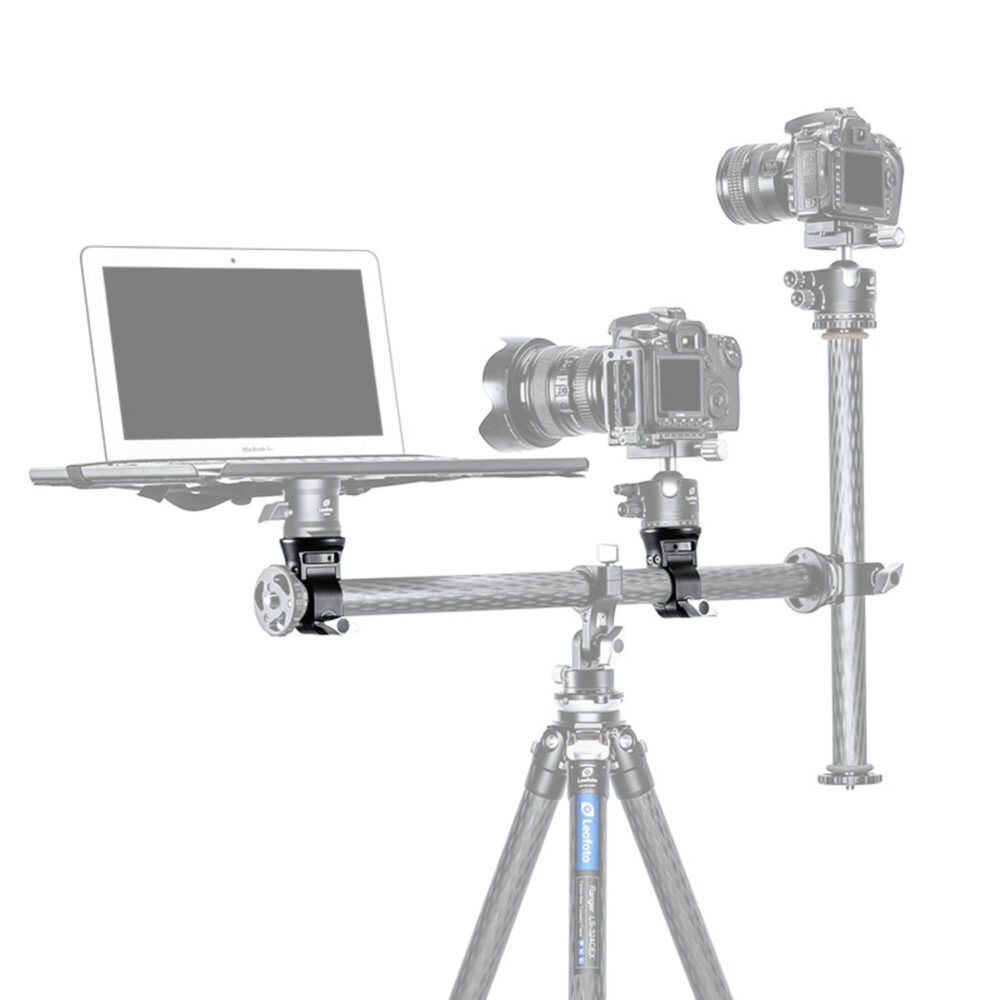 Leofoto C-32 Demonteerbaar configuratie met laptopplateau, dubbele camera en geïntegreerde werkarm op statief