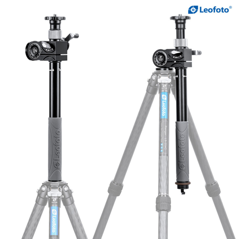 Leofoto GC-282AL in rechte verticale statiefpositie en schuine opstelling met dubbele hoogte