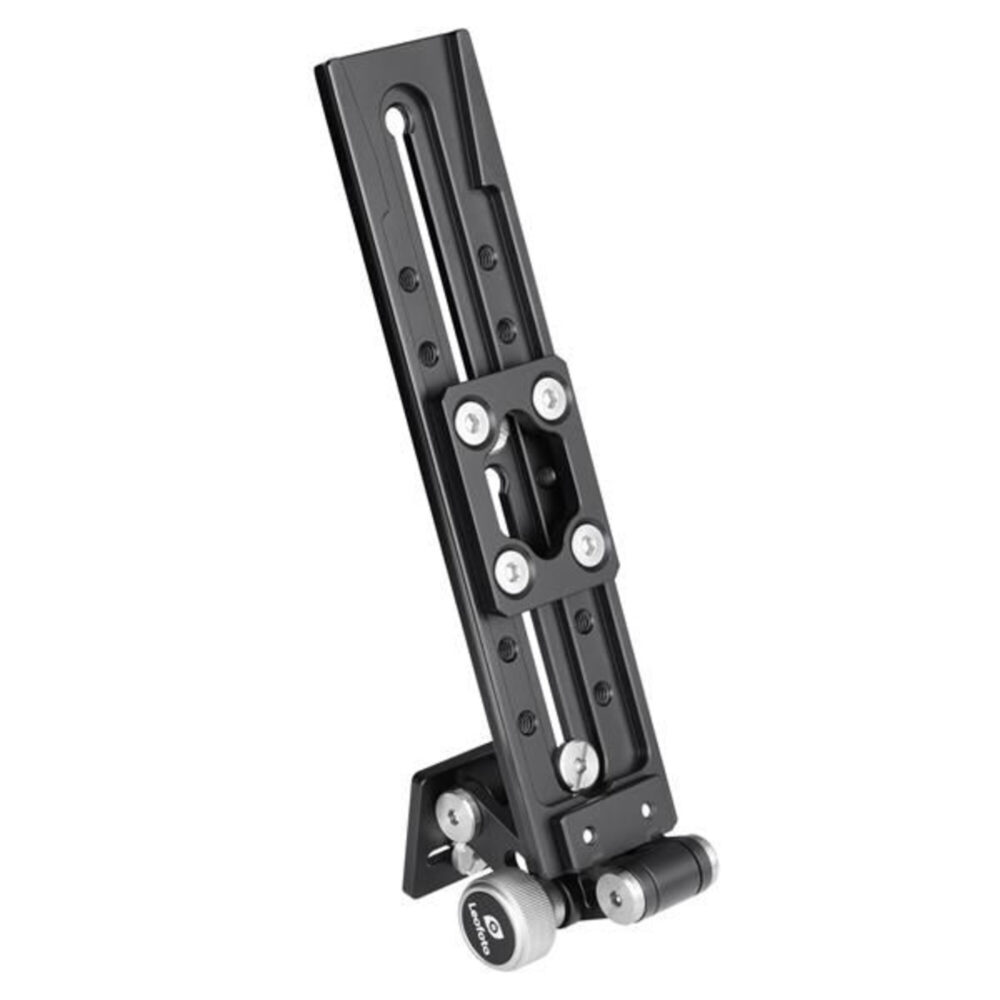 Leofoto VR-380 Lensvoet verticale weergave van de lensrail met dubbele plaat en meerdere bevestigingsschroeven.