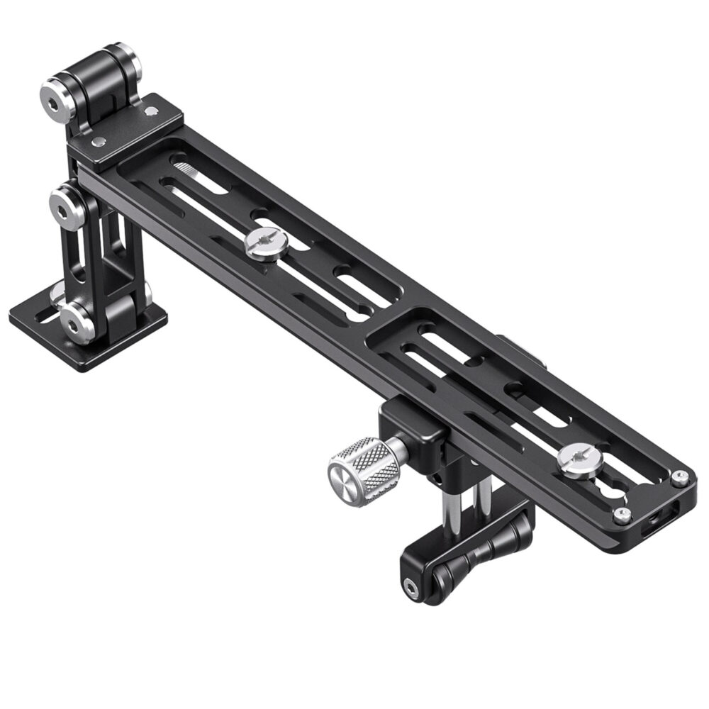 Leofoto VR-250 Lensvoet 250mm rail met gemonteerde camerasteun en lenssteun schuin van boven op witte achtergrond.