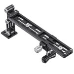 Leofoto VR-250 Lensvoet 250mm rail met gemonteerde camerasteun en lenssteun schuin van boven op witte achtergrond.