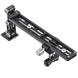 Leofoto VR-250 Lensvoet 250mm rail met gemonteerde camerasteun en lenssteun schuin van boven op witte achtergrond.