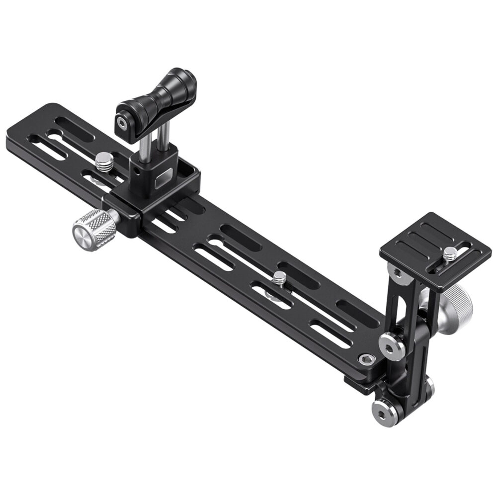 Leofoto VR-250 Lensvoet 250mm rail met verschuifbare camerasteun en objectiefsteun, bovenaanzicht op witte achtergrond.