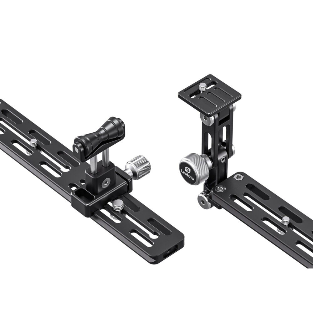 Leofoto VR-250 Lensvoet losse 250mm rail met afzonderlijk geplaatste camerasteun en lenssteun op witte achtergrond.