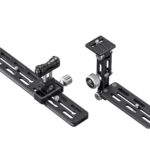 Leofoto VR-250 Lensvoet losse 250mm rail met afzonderlijk geplaatste camerasteun en lenssteun op witte achtergrond.