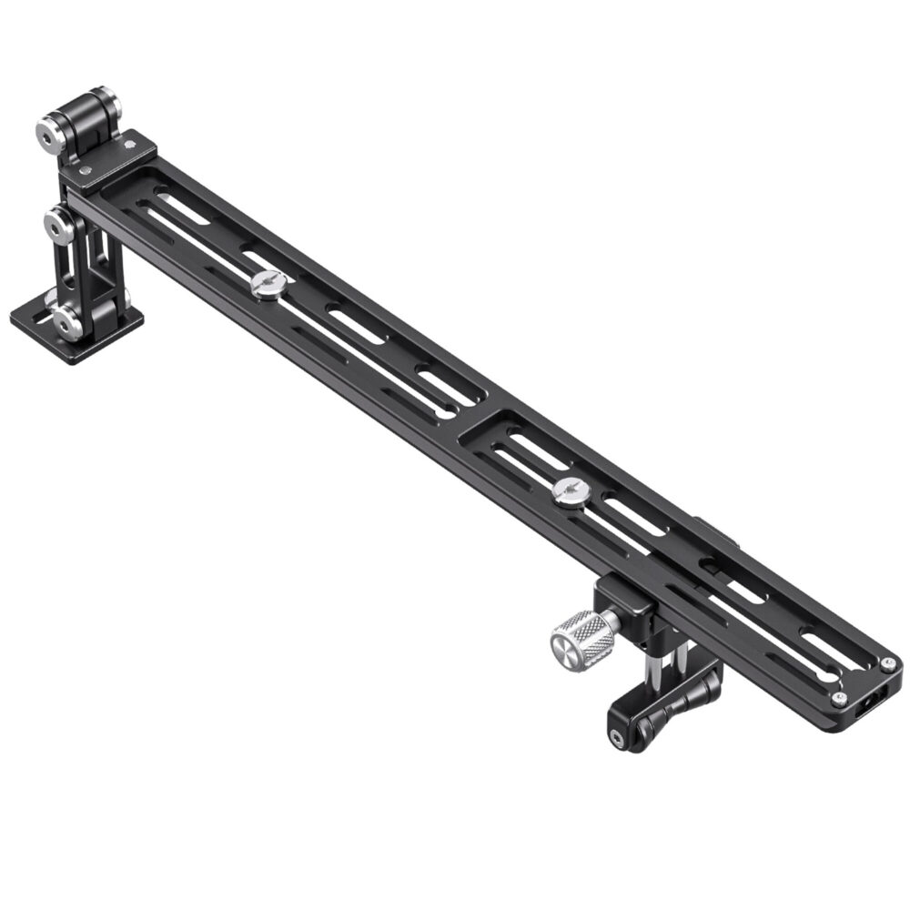 Leofoto VR-400 Lensvoet 400mm rail met gemonteerde camerasteun en objectiefsteun schuin van boven gezien op witte achtergrond.