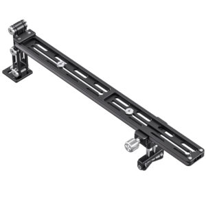Leofoto VR-400 Lensvoet 400mm rail met gemonteerde camerasteun en objectiefsteun schuin van boven gezien op witte achtergrond.