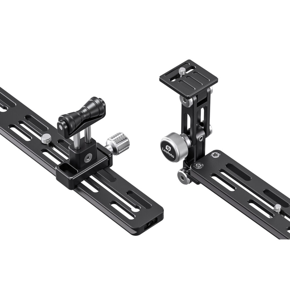 Leofoto VR-400 Lensvoet losse 400mm rail met afzonderlijk geplaatste camerasteun en objectiefsteun op witte achtergrond.