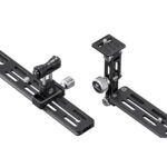 Leofoto VR-400 Lensvoet losse 400mm rail met afzonderlijk geplaatste camerasteun en objectiefsteun op witte achtergrond.