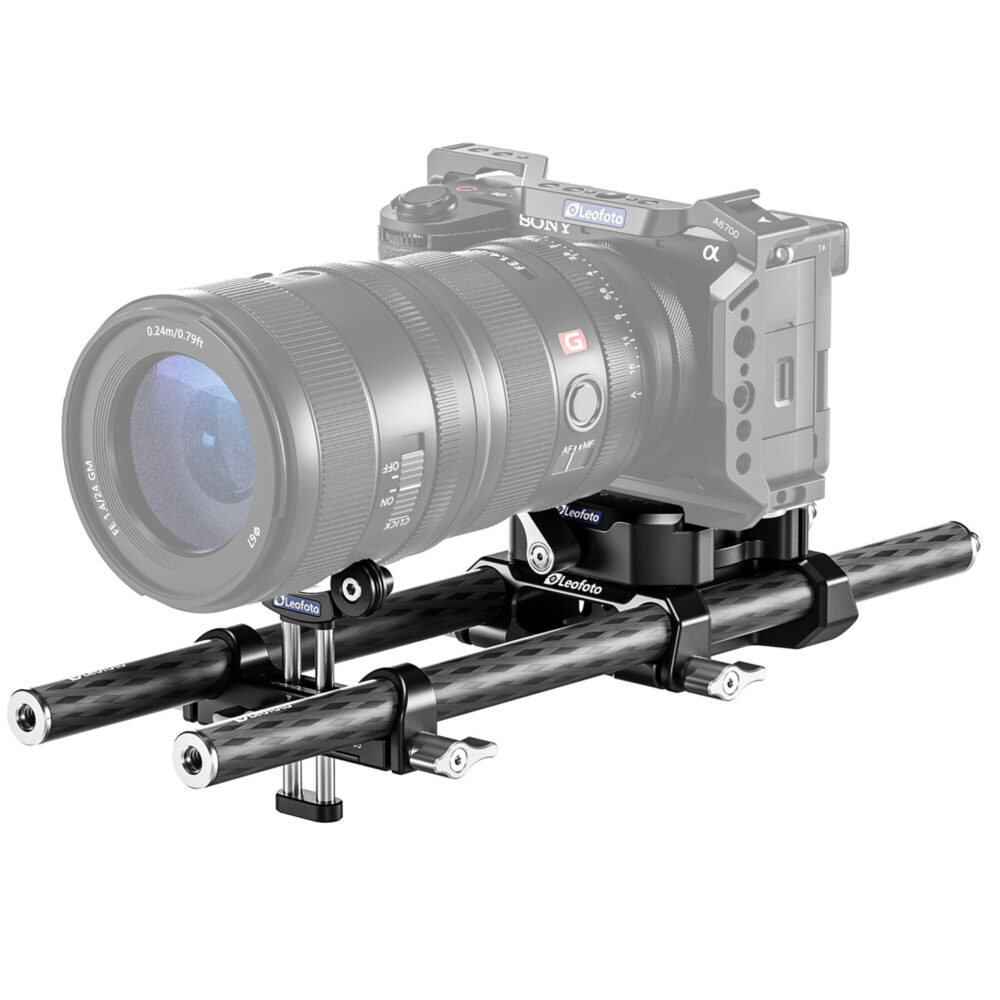 Leofoto BP-01 KIT Camera Cage voorbeeldopstelling met gemonteerde camera en lens op video rig