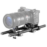 Leofoto BP-01 KIT Camera Cage voorbeeldopstelling met gemonteerde camera en lens op video rig