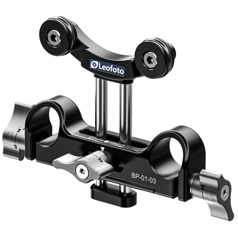 Leofoto BP-01 KIT Camera Cage lenssteuncomponent BP-01-03 gemonteerd op carbon rods