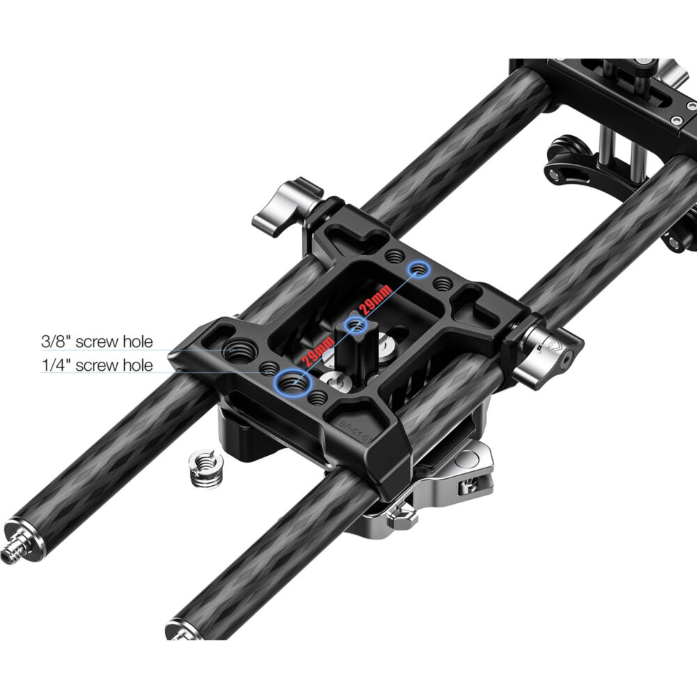 Leofoto BP-01 KIT Camera Cage montageweergave met snelkoppeling en camerasteun in Arca-Swiss aansluiting