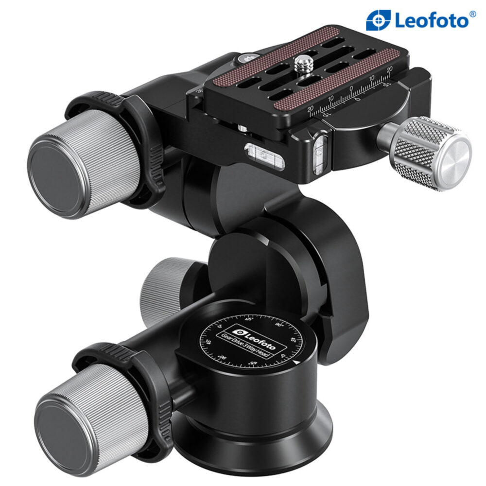Leofoto GW-01 Statief-gearhead frontale weergave met verticale kolom en horizontale snelkoppelingsplaat.