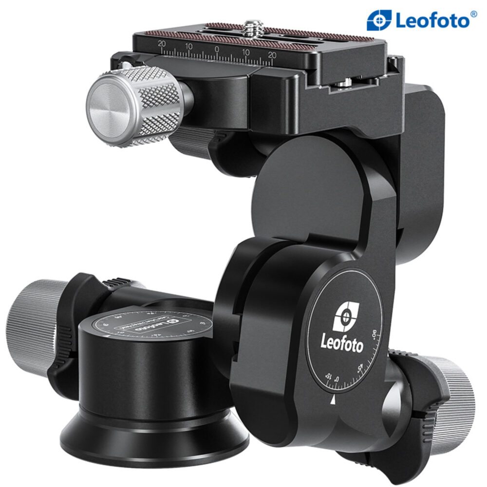 Leofoto GW-01 Statief-gearhead achteraanzicht met duidelijk zichtbare kantelmechanismen en schaalverdelingen.
