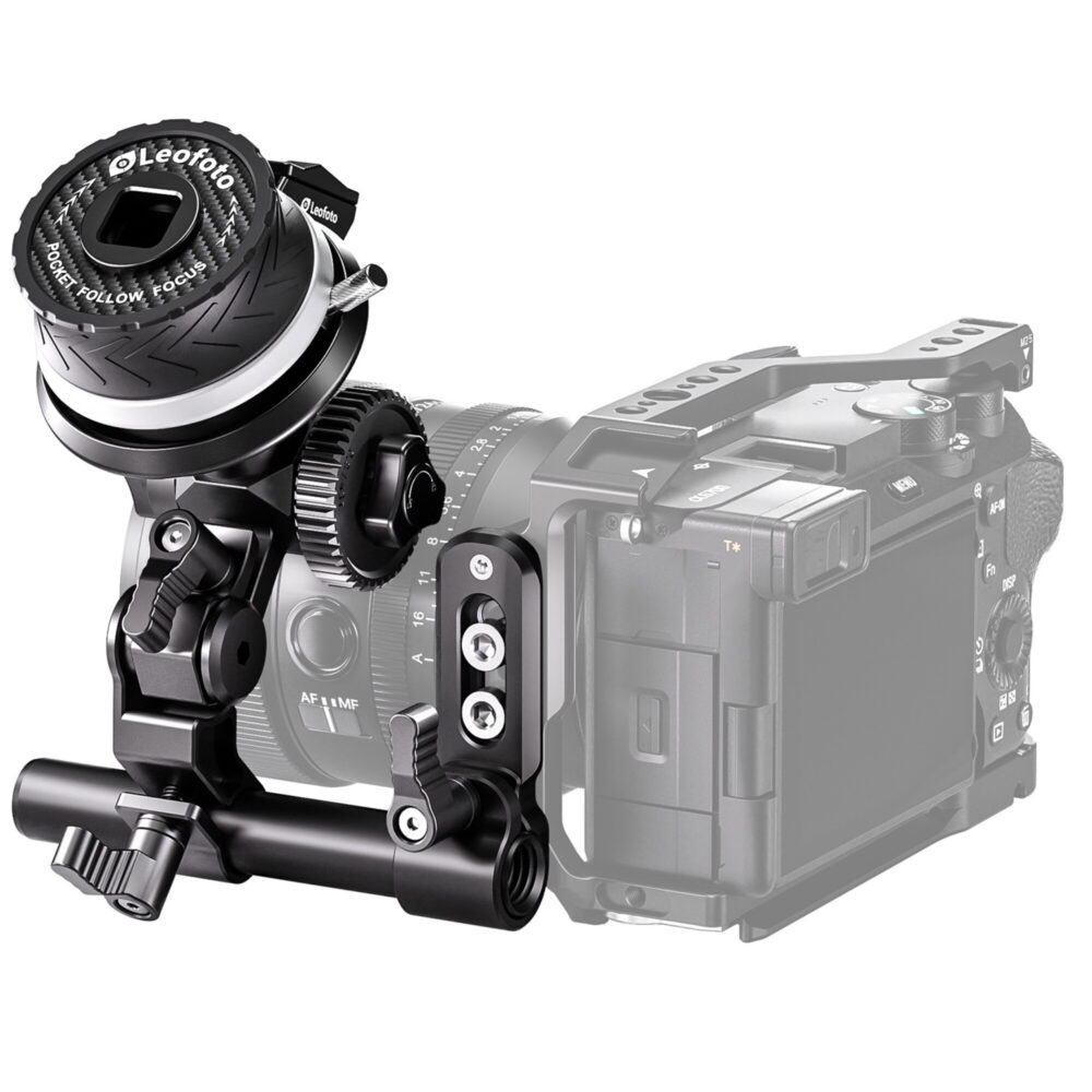 Leofoto LFF-01 Camera Cage gemonteerd op camera rig als voorbeeldopstelling