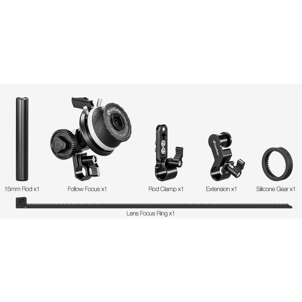 Leofoto LFF-01 Camera Cage productweergave met alle meegeleverde accessoires en onderdelen