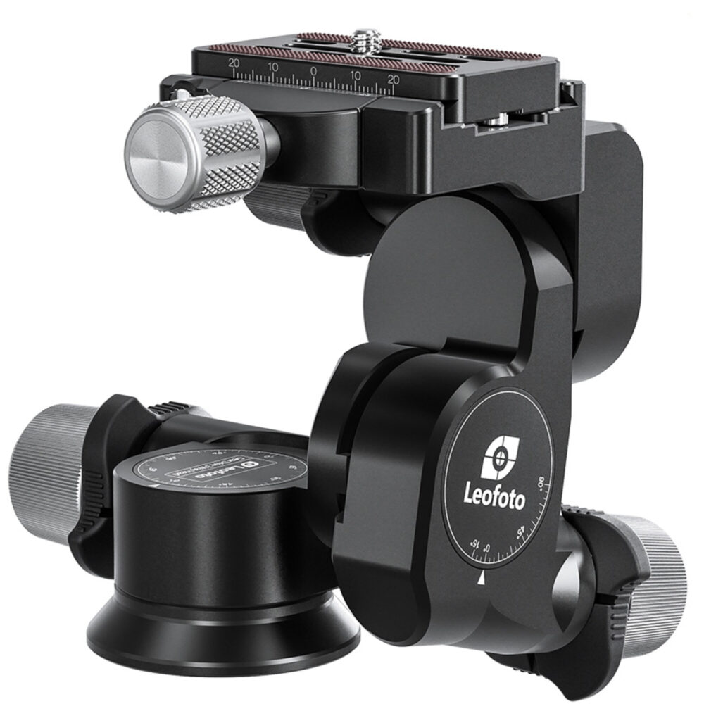 Leofoto GW-01 Statief-gearhead perspectiefweergave met alle drie assen licht versteld om het bewegingsbereik te tonen.