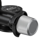 Leofoto GW-01 Statief-gearhead close-up van zwarte stervormige ontkoppelingshendel naast fijninstelknop.