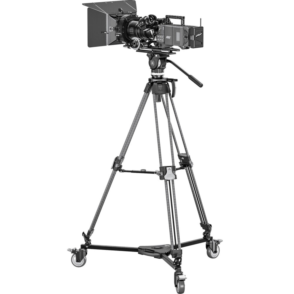 Leofoto DY-100 Statiefvoet voorbeeldopstelling met videostatief en videocamera gemonteerd op dolly