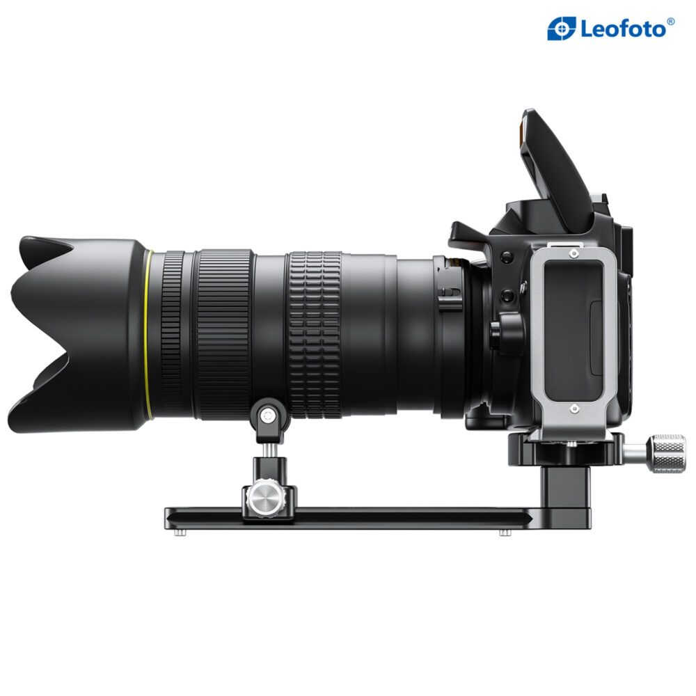 Leofoto VR-150S Lensvoet gemonteerd met lange telelens en dubbele ondersteuning op statief