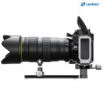 Leofoto VR-150S Lensvoet gemonteerd met lange telelens en dubbele ondersteuning op statief