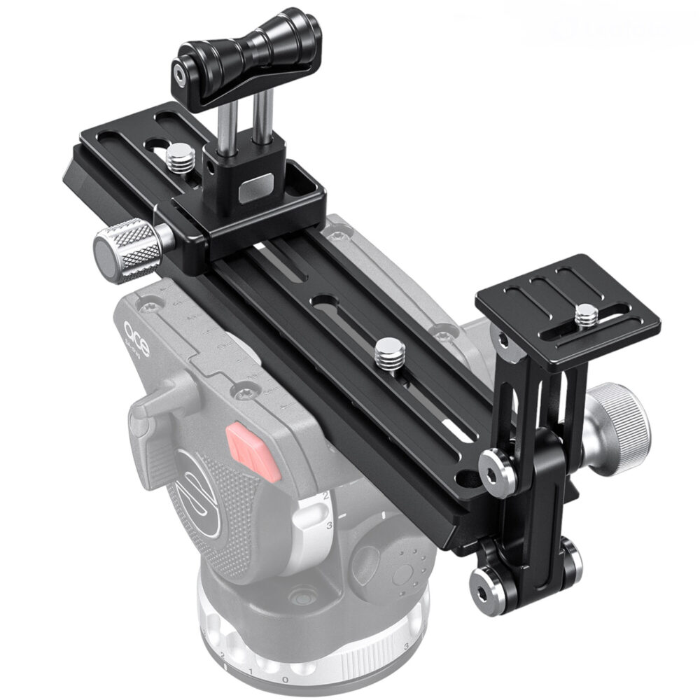 Leofoto VR-220 Lensvoet zijaanzicht gemonteerd op Manfrotto videokop als voorbeeldopstelling