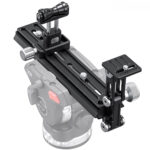 Leofoto VR-220 Lensvoet zijaanzicht gemonteerd op Manfrotto videokop als voorbeeldopstelling