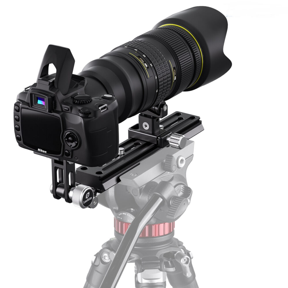 Leofoto VR-220 Lensvoet camera met grote lens bevestigd op videokop met stabiele basisplaat