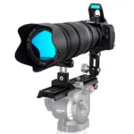 Leofoto VR-220 Lensvoet frontaal beeld van lens en camera bevestigd op videokopopstelling