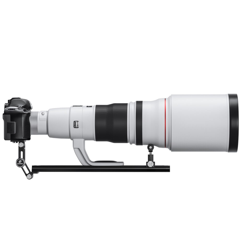 Leofoto VR-380 Lensvoet voorbeeldtoepassing met wit superteleobjectief op zwarte lenssteun