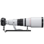 Leofoto VR-380 Lensvoet voorbeeldtoepassing met wit superteleobjectief op zwarte lenssteun