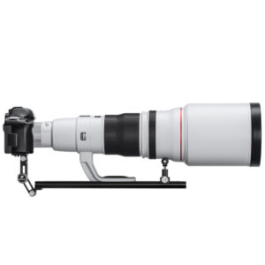 Leofoto VR-380 Lensvoet voorbeeldtoepassing met wit superteleobjectief op zwarte lenssteun