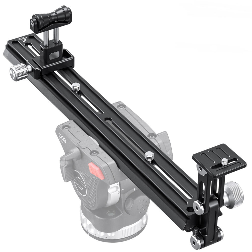 Leofoto VR-380 Lensvoet gemonteerd op Manfrotto videokop met aangesloten camera-opstelling