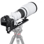 Leofoto VR-380 Lensvoet zijaanzicht met groot wit teleobjectief op videokop