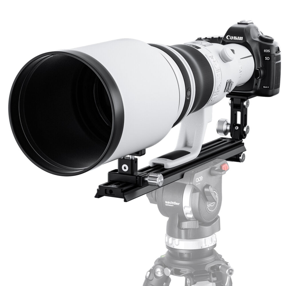 Leofoto VR-380 Lensvoet frontale weergave van grote lens bevestigd op steunrails
