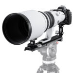 Leofoto VR-380 Lensvoet frontale weergave van grote lens bevestigd op steunrails
