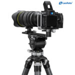 Leofoto VR-150LS Lensvoet voorbeeldopstelling met camera en teleobjectief op videokop