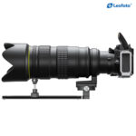 Leofoto VR-150LS Lensvoet zijaanzicht met gemonteerde zwarte telelens en gele accenten