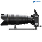 Leofoto VR-150LS Lensvoet zijkantweergave van volledige camera- en lensopstelling met dubbele steun